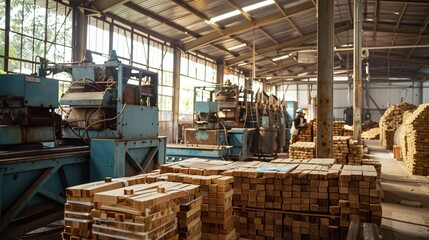 Naklejka premium An industrial setting showing the production of bamboo briquettes, with machinery, workers, and stacks of freshly made briquettes ready for packaging