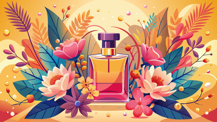 Bottle of perfume surrounded by fresh flowers on a blurred background, fragrance, perfume, scent, floral, beauty