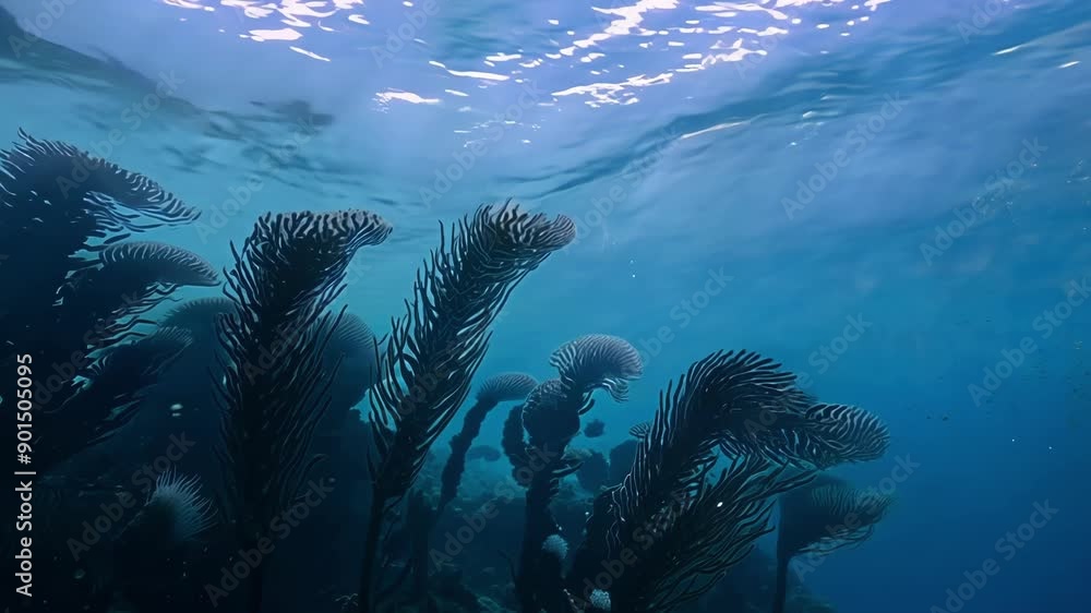 Poster Delicate sea fans and sponges sway with the current creating an ethereal scene in the twilight.