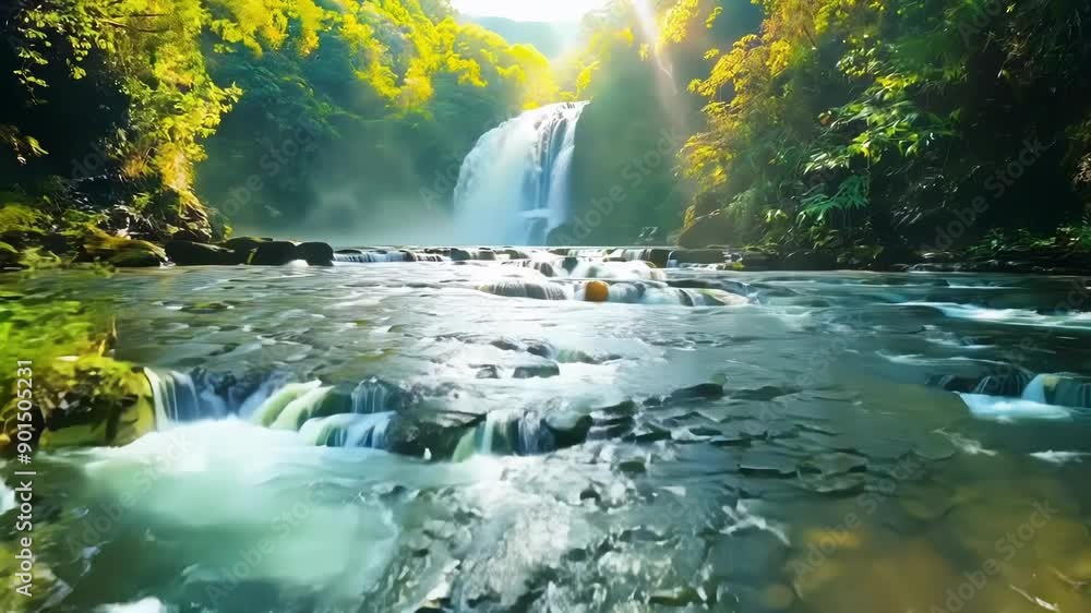 Poster a still shot captures the tranquil beauty of a rainforest waterfall at noon with lush vegetation and