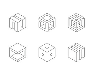 Black and white Cube logo, geometric vector design. Set box logotype company, trendy techno emblem in isometric 3D style.