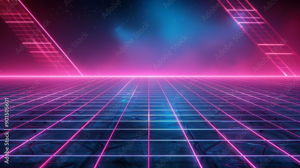Poster rendering of an abstract futuristic background, an empty virtual room, cyberspace with a grid, glowi