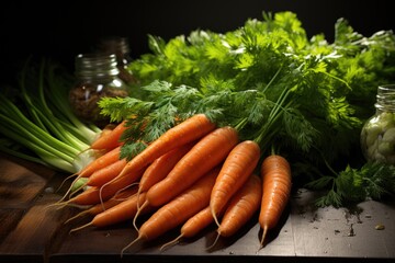 Bunch of fresh and organic carrots in aerial view of a gray kitchen, generative IA