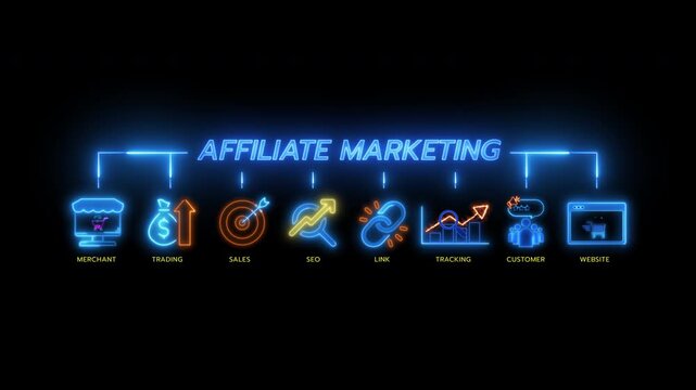 Glowing neon line banner of affiliate marketing concept with icons of merchant, website, sales, seo, link, tracking, customer and trading isolated on transparent background.