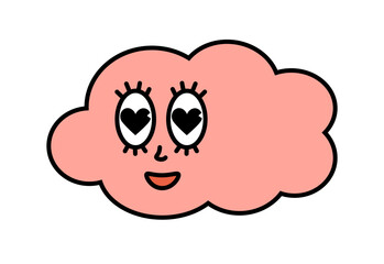 Pink cute cloud character with cartoon funny lovely face. Groovy sticker with Sky symbols. Weather icon. Emoji expression. Retro Vector illustration on white background