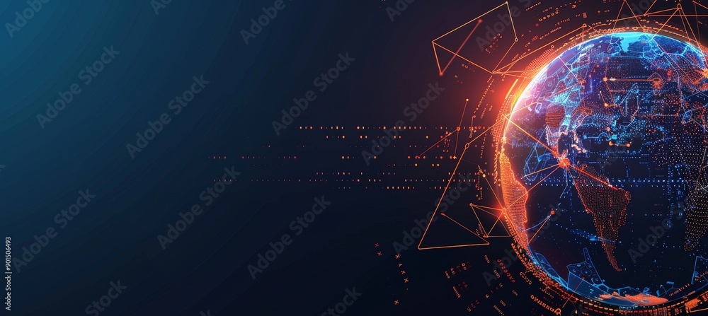 Wall mural The concept of general virtual money is a banner with abstract business crypto technology. The metaverse is a digital planet cyber Earth. The generation is AI.