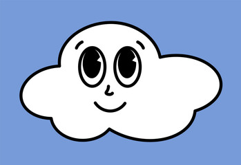 White cloud character with cartoon funny faces. Groovy sticker with Sky symbols. Weather icon. Emoji expression. Retro Vector illustration on blue background