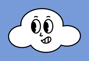 White cloud character with cartoon funny faces. Groovy sticker with Sky symbols. Weather icon. Emoji expression. Retro Vector illustration on blue background