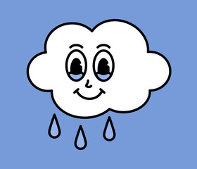 White rainy cloud character with cartoon funny faces. Groovy sticker with Sky symbols. Weather icon. Emoji expression. Retro Vector illustration on blue background
