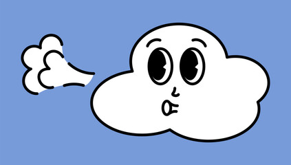 White cloud character with cartoon funny faces. Groovy sticker with Sky symbols. Weather icon. Emoji expression. Retro Vector illustration on blue background