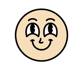 Moon character with cartoon funny face. Groovy sticker with Sky symbols. Weather icon. Emoji expression. Retro Vector illustration on white background