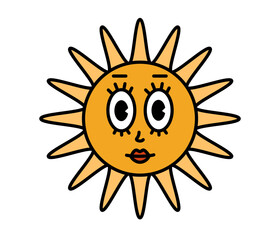 Sun character with cartoon funny face. Groovy sticker with Sky symbols. Weather icon. Emoji expression. Retro Vector illustration on white background