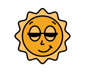 Sun character with cartoon funny face in sun glasses. Groovy sticker with Sky symbols. Weather icon. Emoji expression. Retro Vector illustration on white background