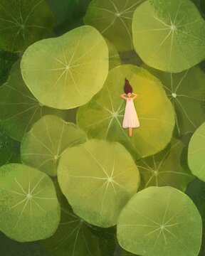 A girl is resting on a green leaf. Hand painted landscape. 
