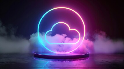 A cloud formation illuminated with pink and blue fluorescent light. A dark environment framed by a circle of neon glow.