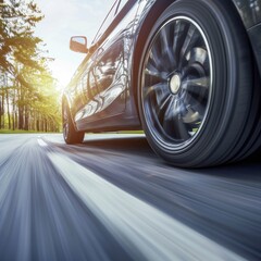 From a back tire wheel angle, a black car rides by the road. Close up. Stock photo.