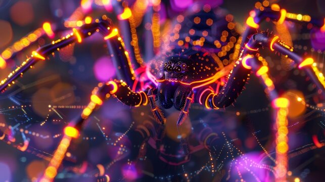 The Futuristic Cyber Spider Is Lit By Neon Lights In This Stock Photo