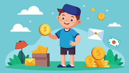 A boy Collecting coins stamps vector illustration