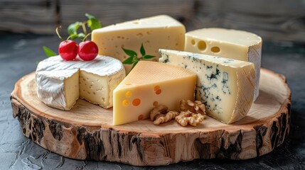 A variety of gourmet cheeses on a wooden board, garnished with cherries and walnuts, perfect for a rustic culinary presentation.