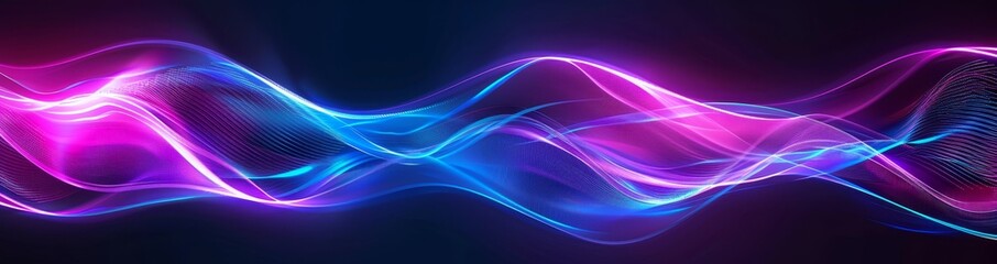 Fototapeta premium Modern neon audio voice frequency wave and abstract sound light background. Radio pulse effect curve design. Volume music track line vibrant motion illustration. Electronic record led graph chart.