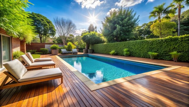 Serene wooden floor surrounds a sparkling blue swimming pool in a sunny backyard, complete with lush greenery and a modern outdoor seating area.