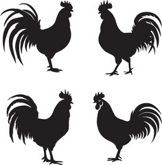 Set of black silhouette of rooster, vector icon