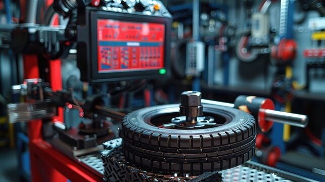 Tire balancing machine calibrating a car wheel in a workshop