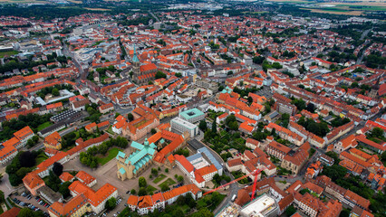 Aerial panorama view of the old town of the city Hildesheim in Germany on a summer day.