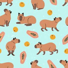 Seamless pattern with funny capybaras and fruits. Cute South American animal repeat background. Cartoon jungle rodent print.