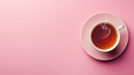 Steaming Cup of Tea on Pastel Pink Background