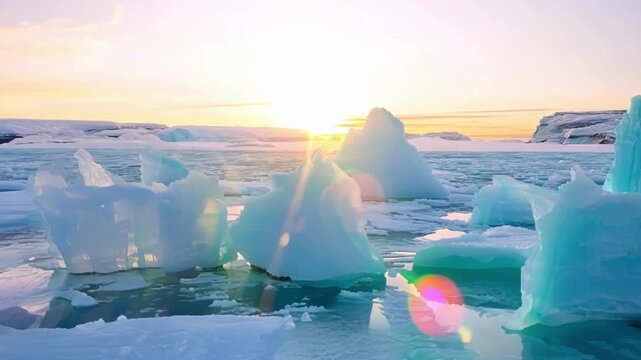 The frozen world comes alive as the sun rises painting the icebergs in a soft palette of pastel hues.
