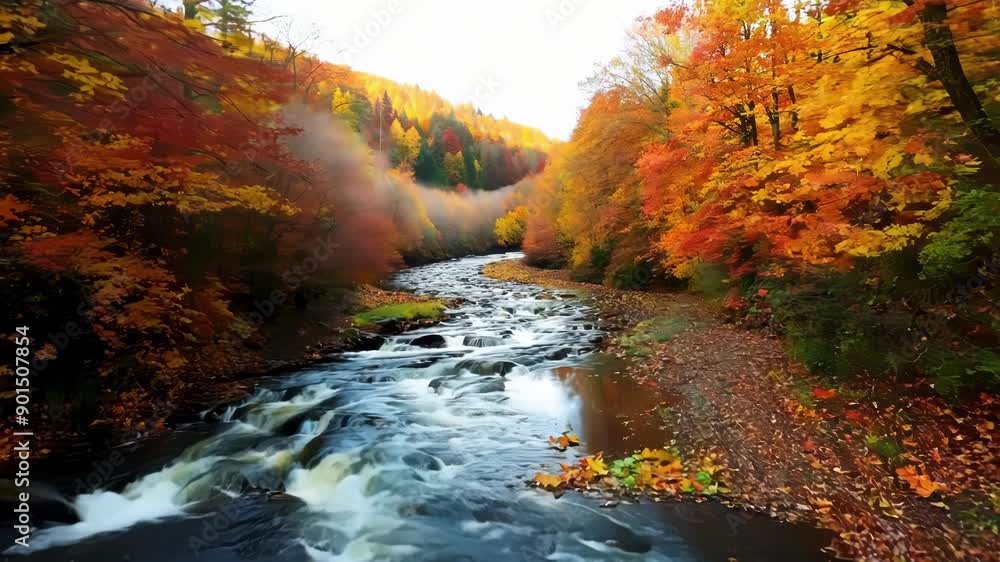 Poster The camera follows a stream as it meanders through a winding path surrounded by a sea of vibrant fall foliage.