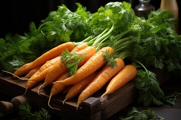 Carrot vegetables with leaves in wood., generative IA