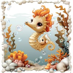 Naklejka premium Cute Sea Horse Family Underwater with Bubbles
