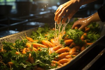 Carrot vegetables being washed and selected by industrial machine, generative IA