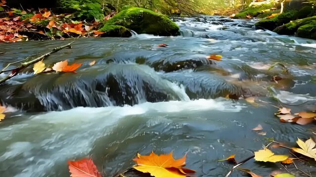 A closeup of a babbling stream the water swirling over colorful leaves and branches as it makes its way downstream.