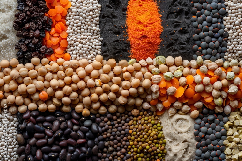 Wall mural different type of raw dry legumes composition. mix organic legume concept