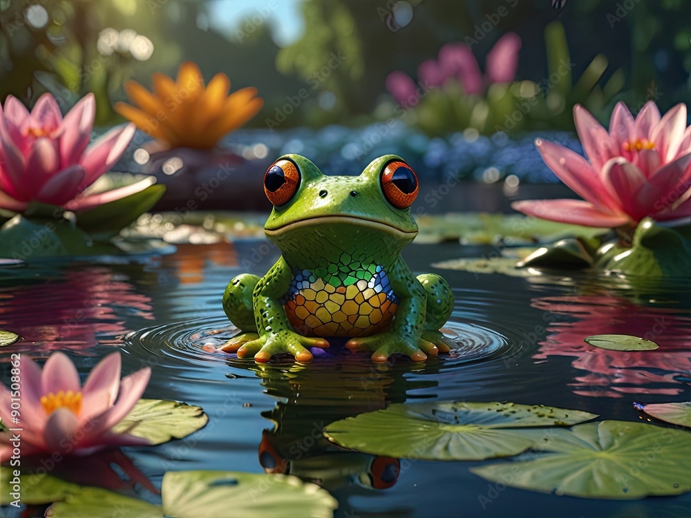 Wall mural green amphibian with bulging eyes perches on lily pad, water droplets glistening on vibrant skin