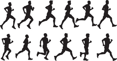 Set of black silhouette of boys in different running positions, vector icon
