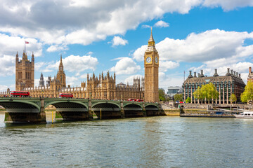 Big Ben tower of Houses of Parliament and Westminster bridge, London, UK