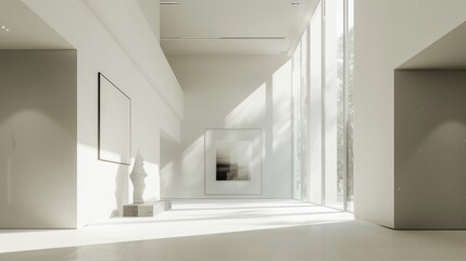 Fototapeta premium The minimalist style villa entrance, features elegant design, geometrically interwoven spaces, and sunlight shining through floor to ceiling glass windows on the walls