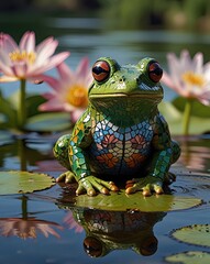 Green amphibian with bulging eyes perches on lily pad, water droplets glistening on vibrant skin