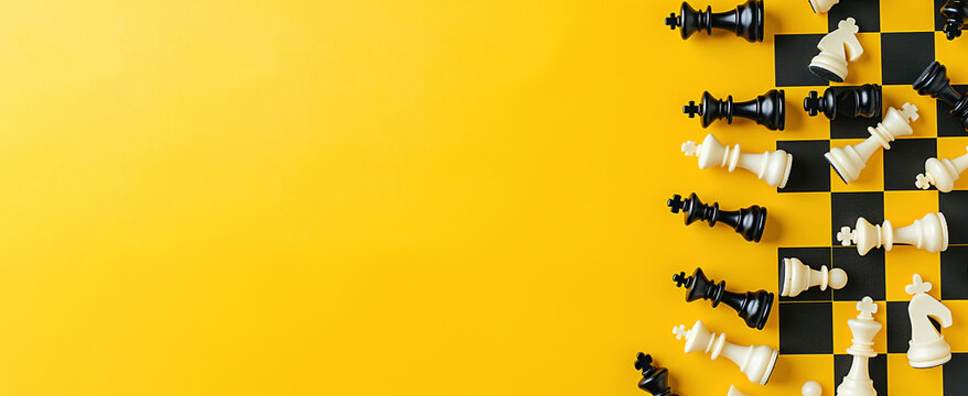 Chess pieces black and white on a yellow background with a chessboard with space for text. Design frame for text, business advertising and international chess day