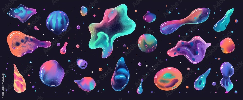 Poster A set of 3D holo colors abstract liquid shapes with inflated slime objects. It is a realistic collection of modern elements.