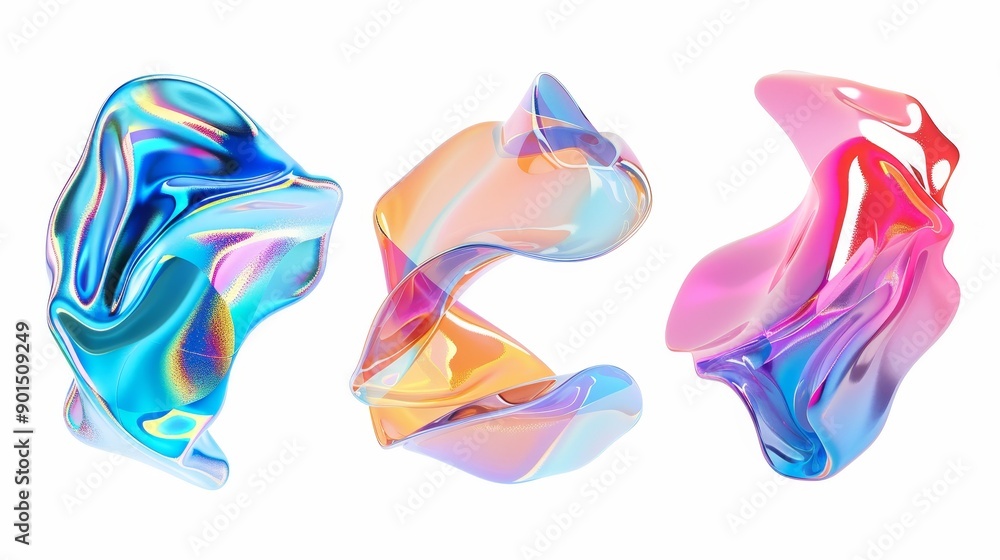 Aufkleber set of rainbow gradient effect holographic metal blobs, isolated on white background. 3d geometric i