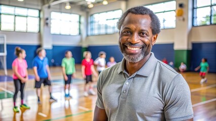 Portrait of happy smiling middle-aged black African American PE physical education teacher or professor, copy space. Children sport coach in school, physical activity and health, kids activity