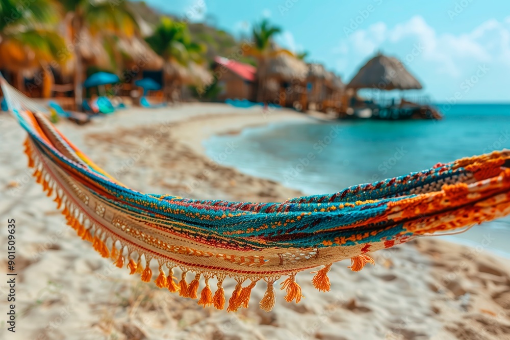 Wall mural Colorful hammock hanging between palm trees on sandy beach by sunny seaside, copyspace for text