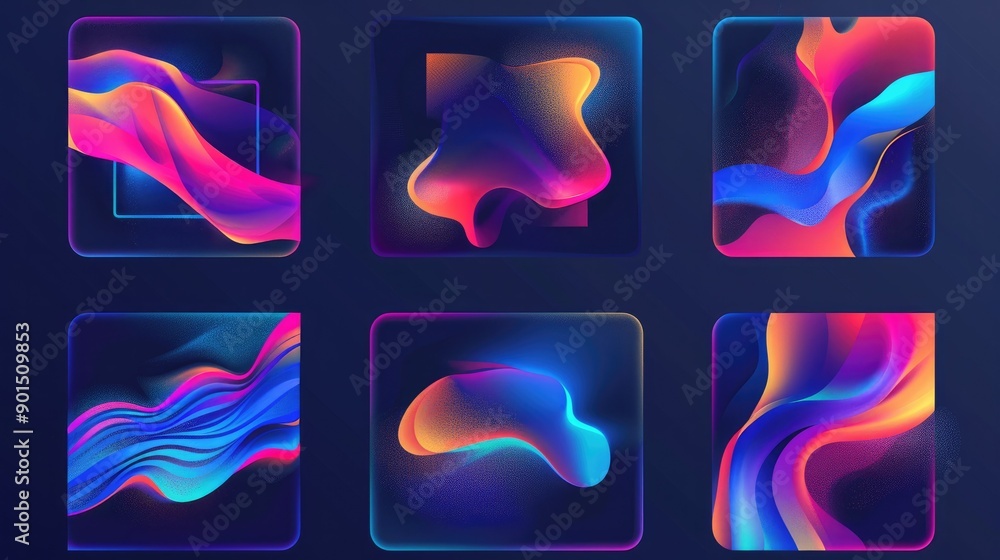 Poster a series of gradient vector templates with colorful liquid effects and geometric frames. suitable fo