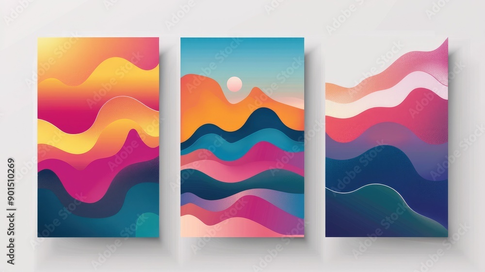Poster vibrant gradient covers with abstract shapes and clean lines, set in a minimalist vector style. idea