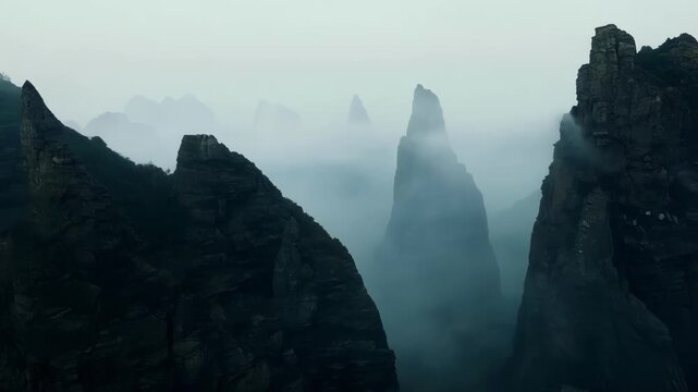 A sense of foreboding surrounds the foggy rock formations making them appear even more imposing and enigmatic.